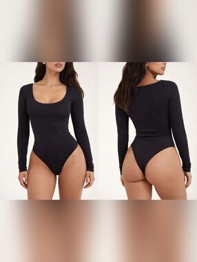 NWT SKIMS Essential Long Sleeve Scoop Neck Bodysuit Onyx S/M Stretch